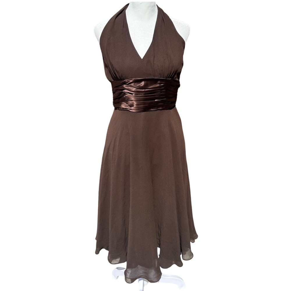 Maggy London Brown 100% Silk Halter Midi Dress Satin Waist Bow Sz 6 Vintage